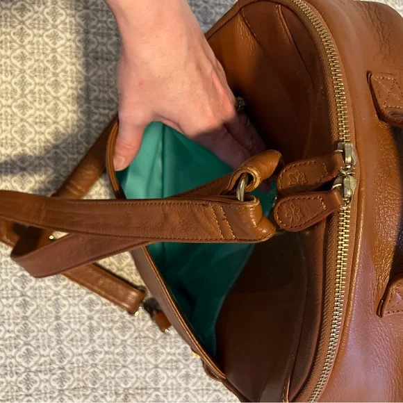 Lily Jade Brown Leather Backpack diaper bag with Teal Lining and accessories - Picture 4 of 14